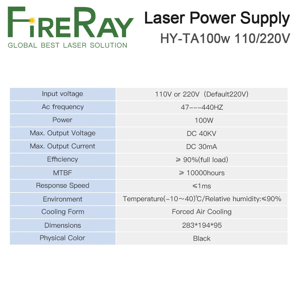 FireRay 100W CO2 Laser Power Supply HY-TA100W for CO2 Laser Engraving Cutting Machine Long Warranty