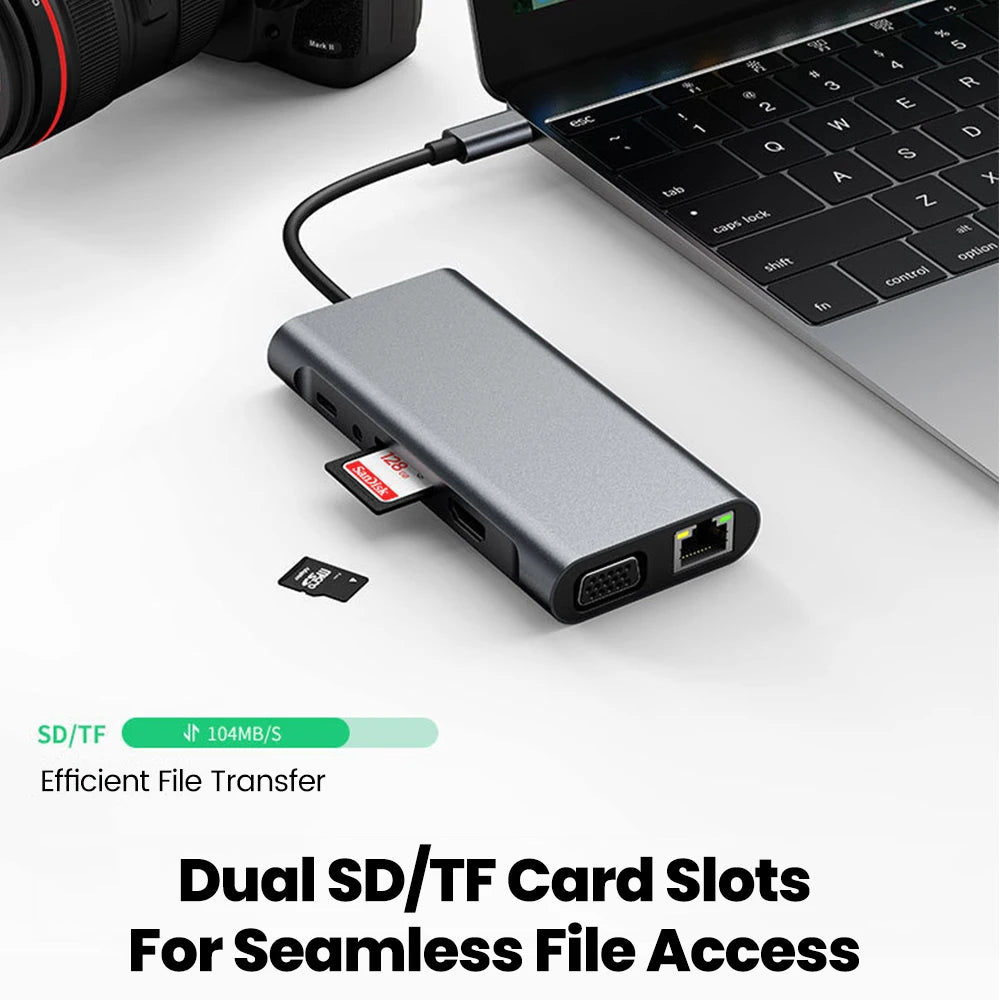 11-in-1 Type-C Docking Station USB C Splitter to USB3.0/USB2.0/4K HDMI/VGA/PD 87W/100M RJ45/AUX/SD/TF Adapter For Laptop Macbook