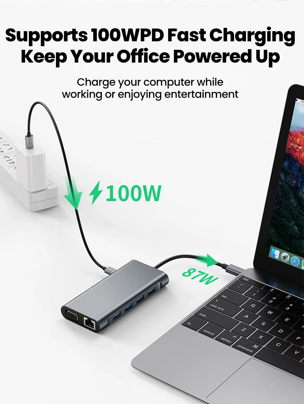 11-in-1 Type-C Docking Station USB C Splitter to USB3.0/USB2.0/4K HDMI/VGA/PD 87W/100M RJ45/AUX/SD/TF Adapter For Laptop Macbook