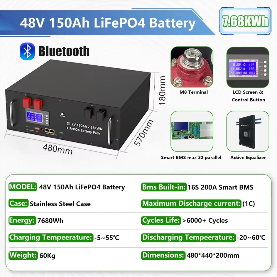 LiFePO4 48V 300Ah Battery Pack 6000 Cycles Bluetooth RS485 CAN BMS 51.2V 100Ah 120Ah 150Ah 200Ah Lithium Battery EU STOCK NO TAX