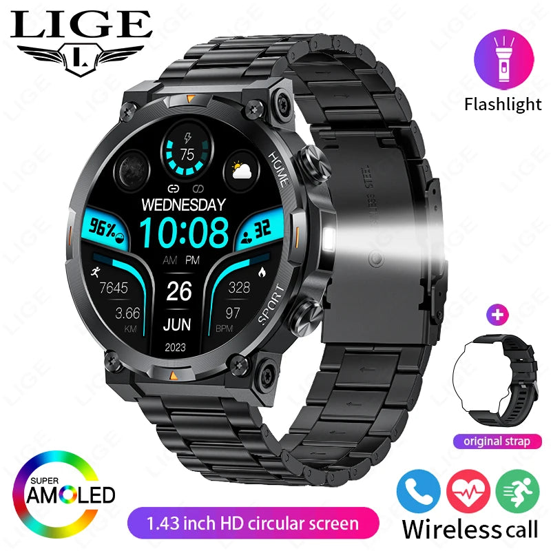 LIGE Smart Watches Men's Rugged Military Bluetooth Call IP68 Waterproof Sports Fitness Outdoor Health Smartwatch For Android IOS
