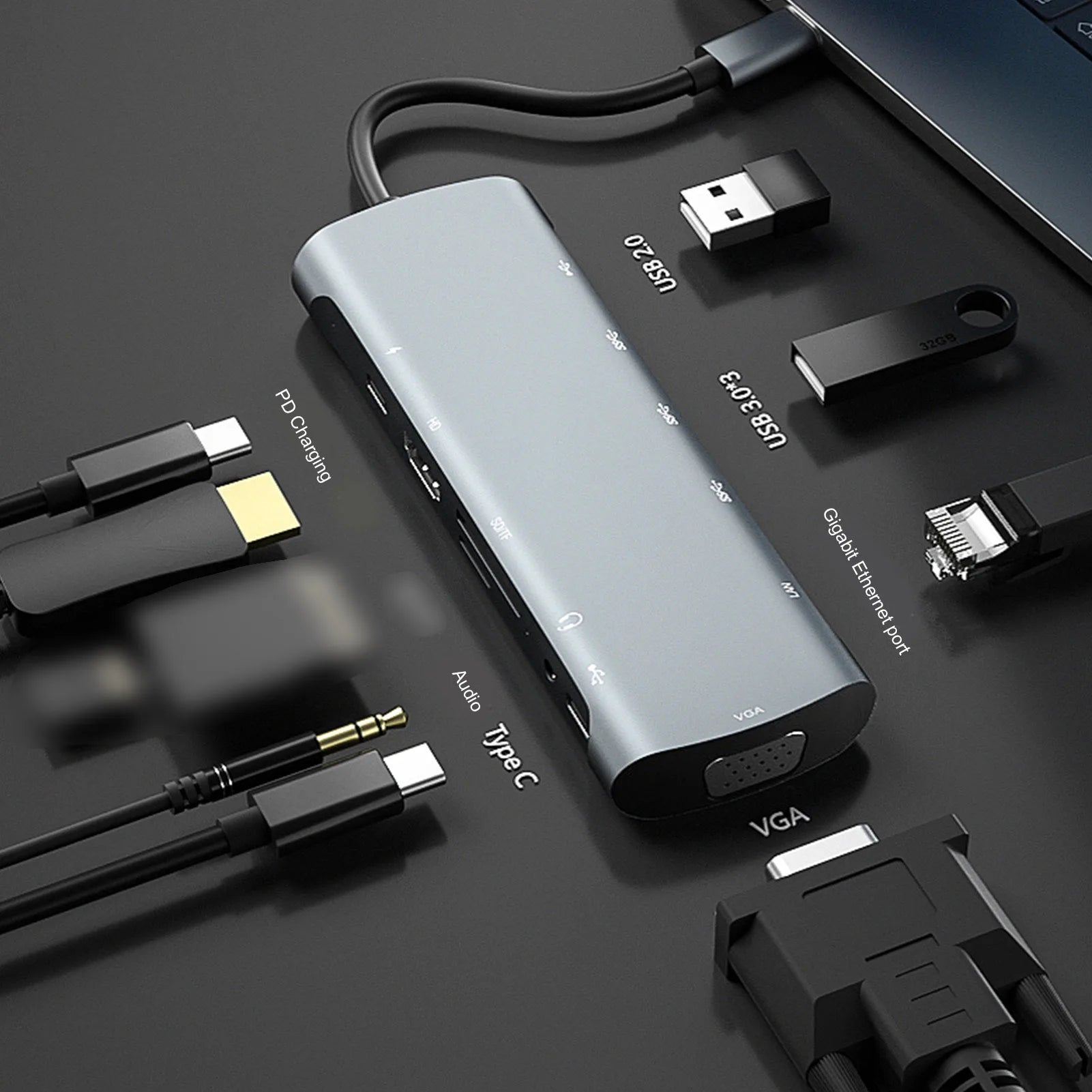 12-In-1 Hub Docking Station Type C to PD HD VGA USB3.0*3 USB2.0 RJ45 Card Reader Headphone Type C/M Docking Station