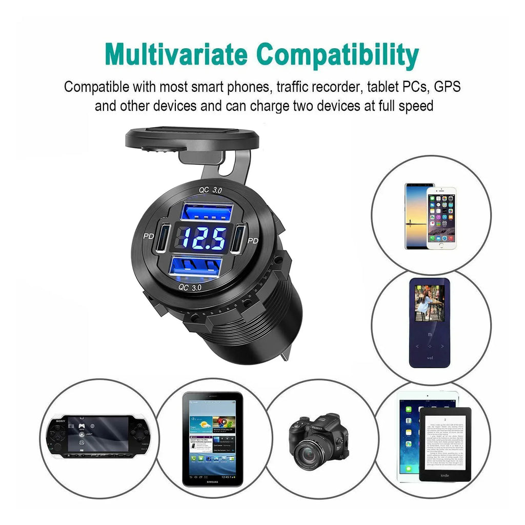 NEW 117W Dual PD Dual QC 3.0 USB Car Charger with Voltmeter Socket Power Outlet Adapter Waterproof for 12V/24V Car Boat Hot Sale