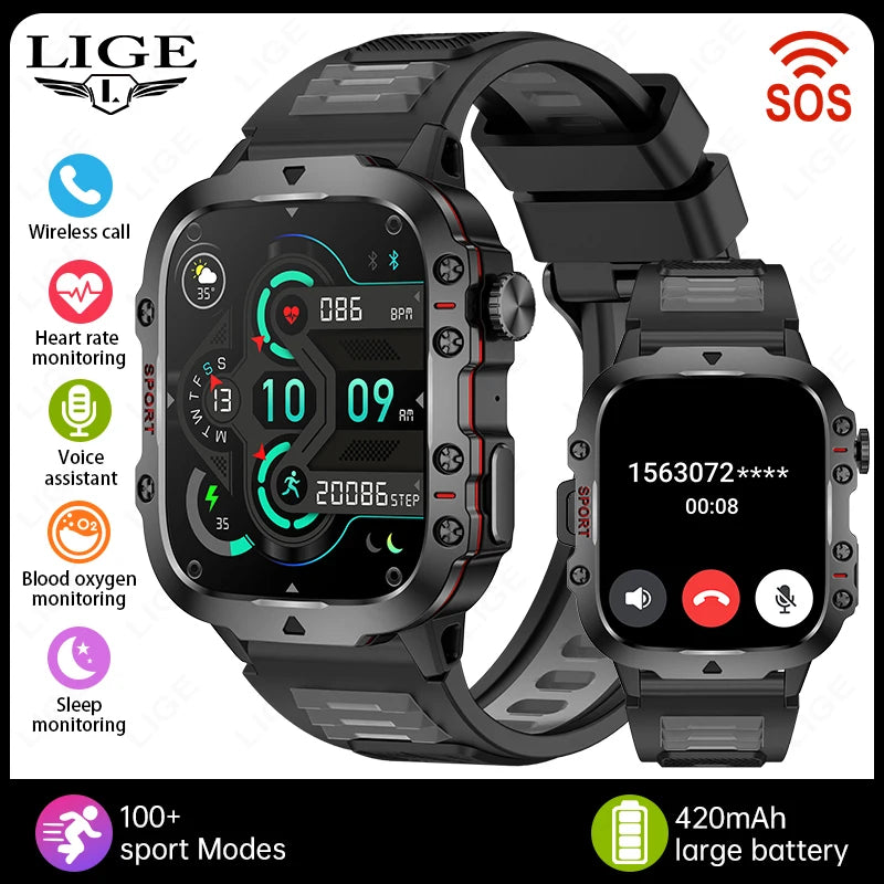 LIGE Military Smart Watch Men Outdoor Sports 3ATM Waterproof  Blood Oxygen Bluetooth Call Watches Men Smartwatch For Android New