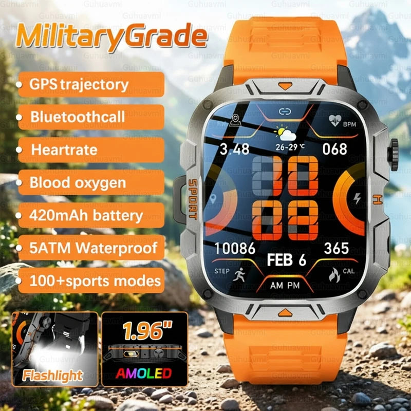 2026 New Rugged Smart Watch Men 1.96" AMOLED BT Call 5ATM Waterproof GPS Heart Rate Monitor LED Flashlight Military Sports Watch