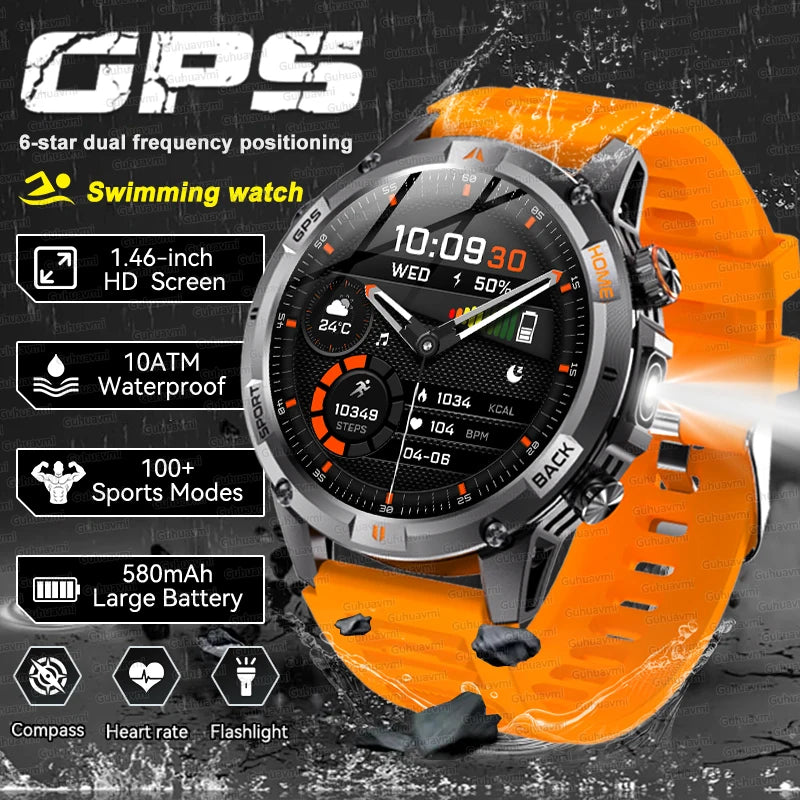 2026 GPS Military Smart Watches Men 10ATM Waterproof Call LED Flashlight 1.46" Rugged Tactical Watch Compass Fitness Smartwatch