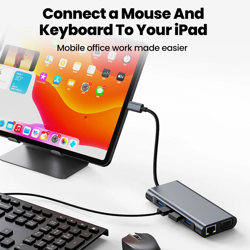 11-in-1 Type-C Docking Station USB C Splitter to USB3.0/USB2.0/4K HDMI/VGA/PD 87W/100M RJ45/AUX/SD/TF Adapter For Laptop Macbook