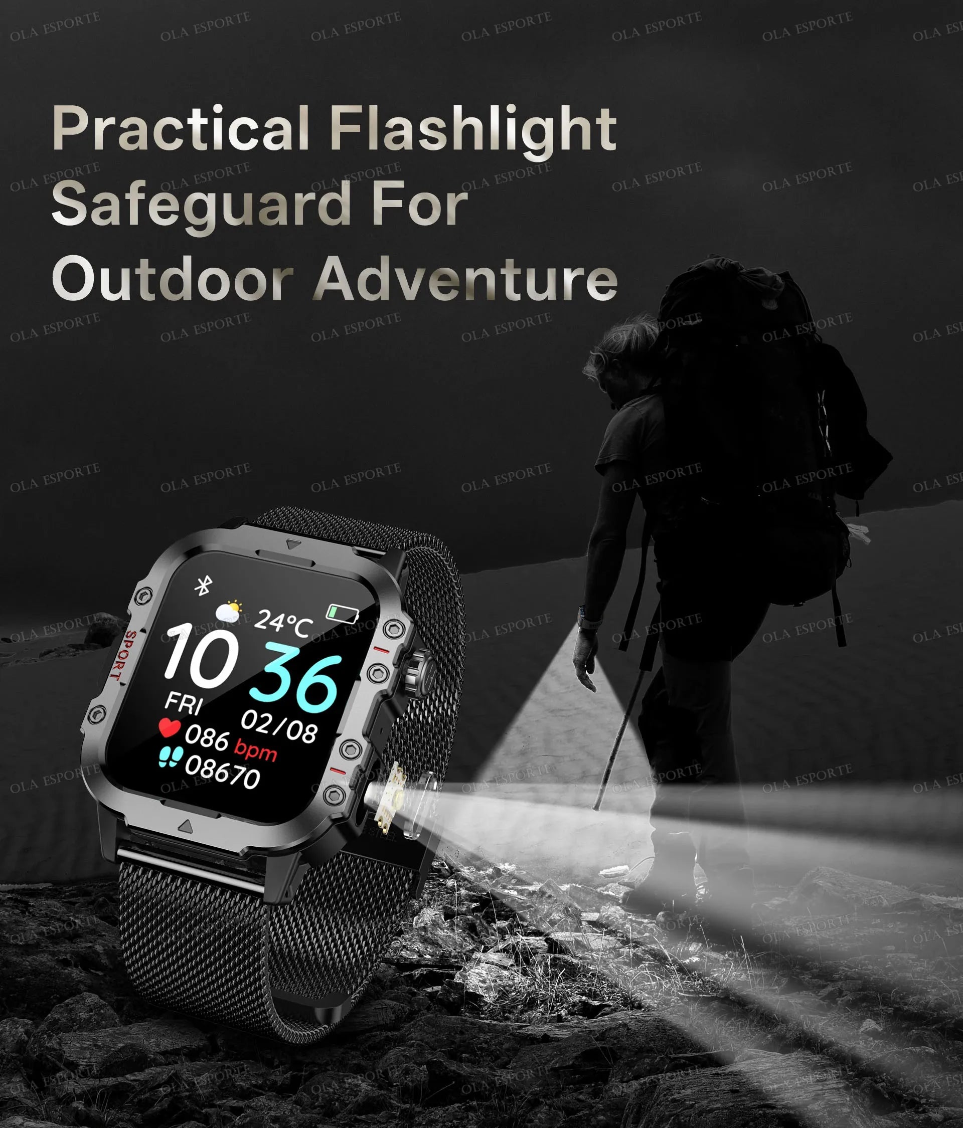 Military Outdoor Smart Watch Men’s GPS Tracking Flashlight Bluetooth Call 2.01" AMOLED Screen 5ATM Waterproof Sports Smartwatch