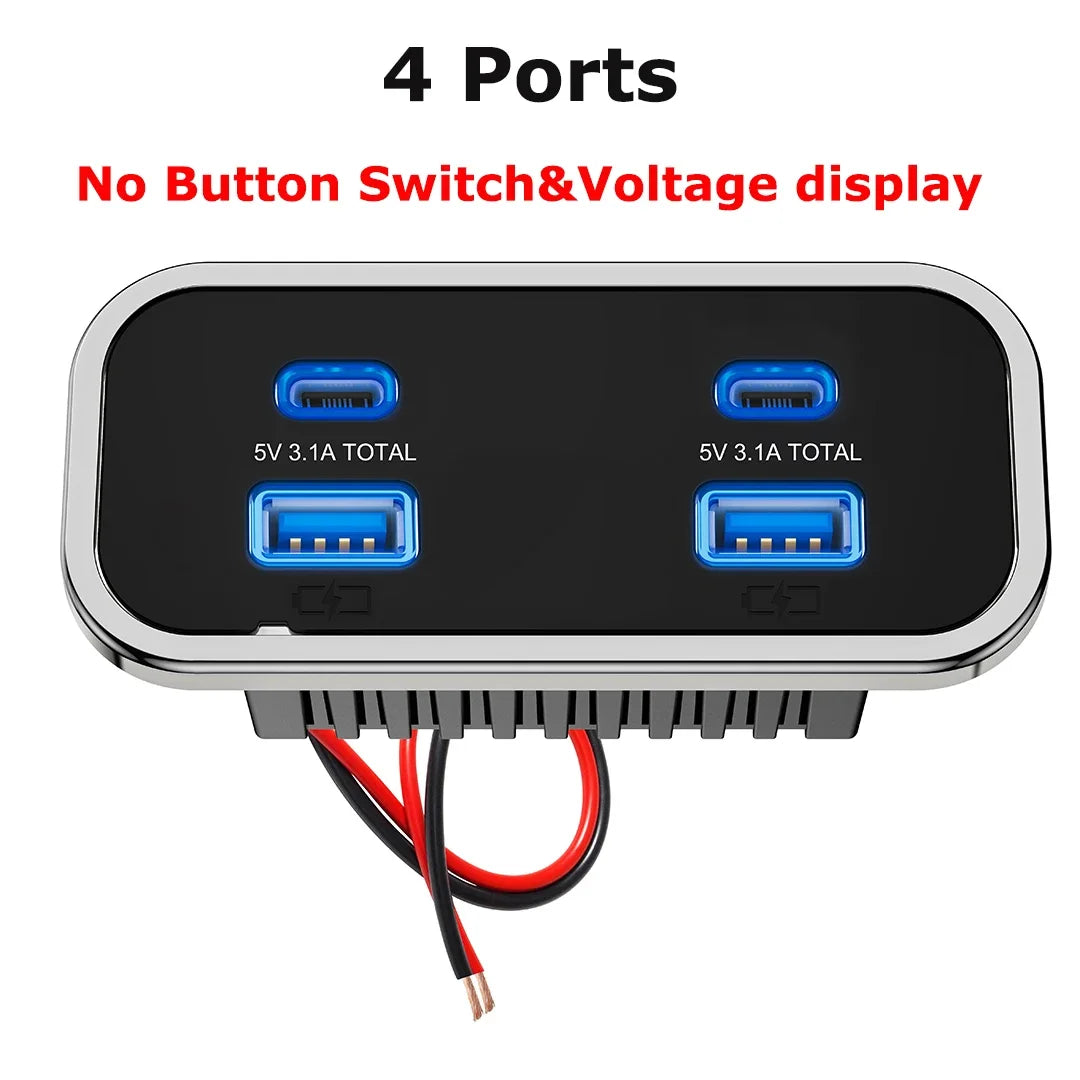 76W Dual PD Dual QC3.0 Type C USB Quick Charger 3.0 with Switch Fast Charging 4 Ports Power Panel For Bus ATV Car Truck Marine