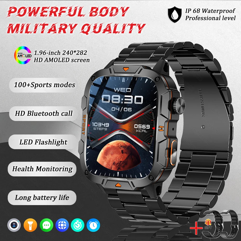 2026 New Rugged Smart Watch Men 1.96" AMOLED BT Call 5ATM Waterproof GPS Heart Rate Monitor LED Flashlight Military Sports Watch