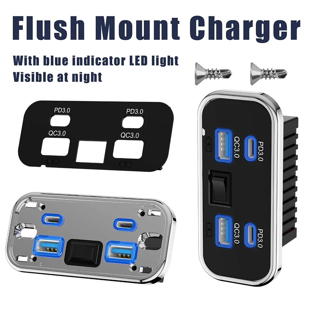 76W Dual PD Dual QC3.0 Type C USB Quick Charger 3.0 with Switch Fast Charging 4 Ports Power Panel For Bus ATV Car Truck Marine