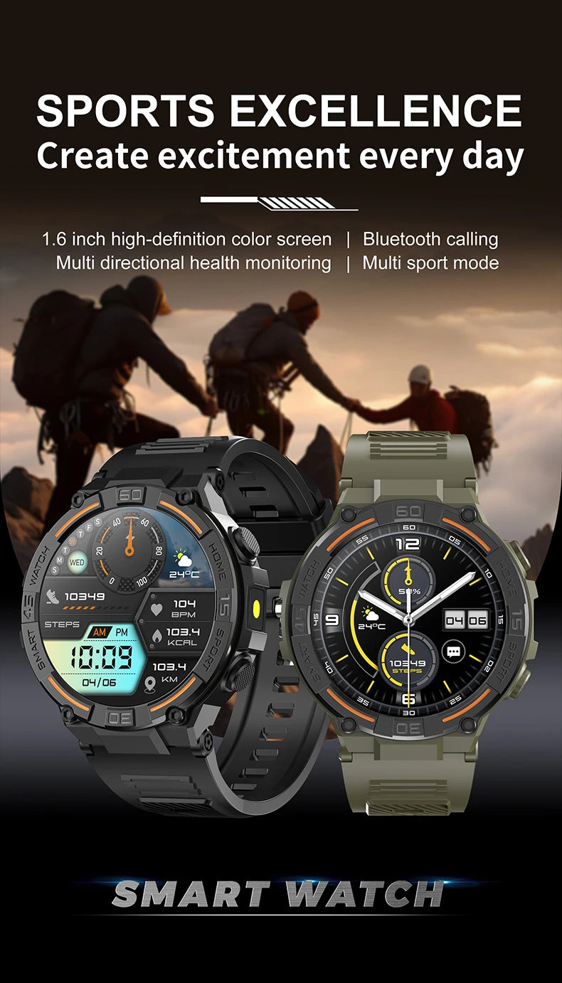 Outdoor Military Rugged Smartwatch Men Full Screen Touch 24 Hours Heart Rate 100+ Sports Mode Bluetooth Call Smartwatch