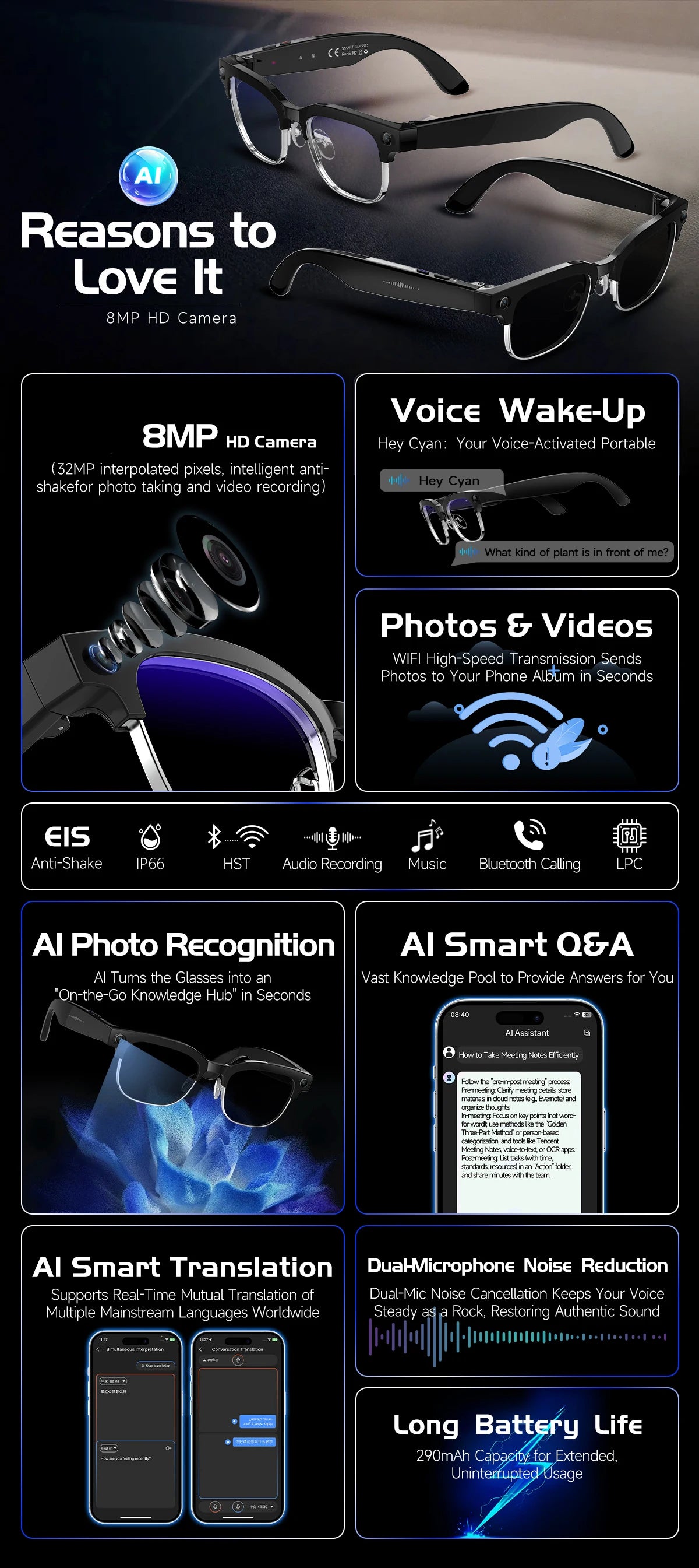 Smart Glasses 800W Camera 2026New Technologies Video Recording AI Photo Recognition Bluetooth Calls Voice Translation Sunglasses
