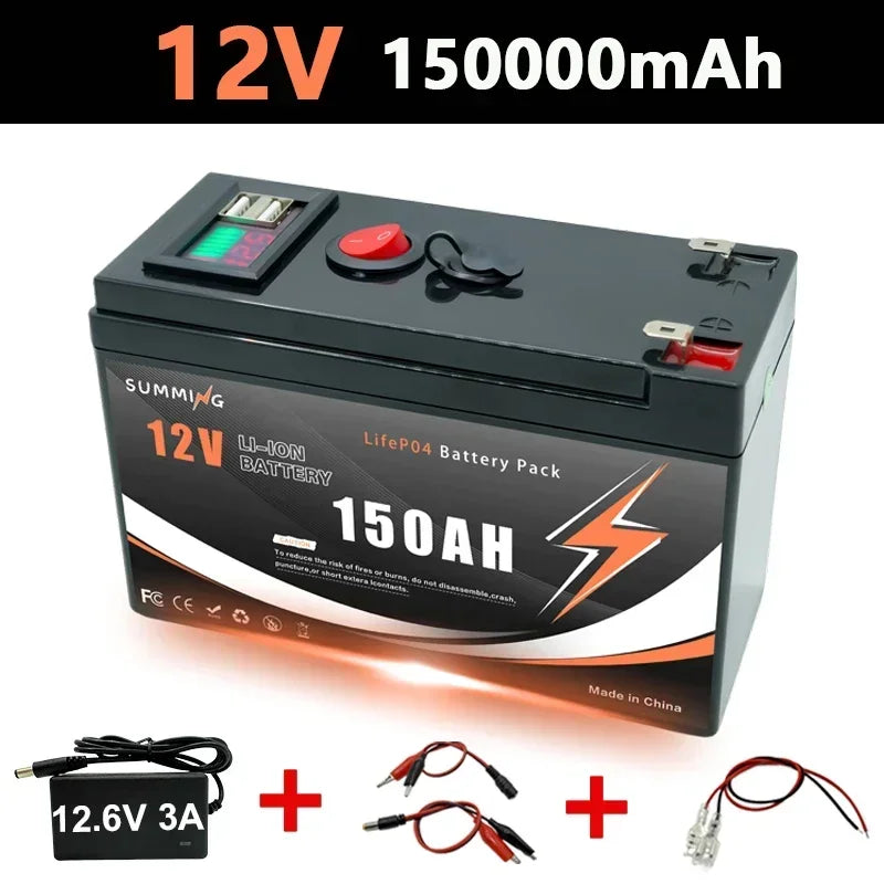 LiFePO4 12V 150Ah  Rechargeable Lithium Battery,Built-in BMS,Perfect for Ride on Toys,solar panels,Fish Finders,Small UPS