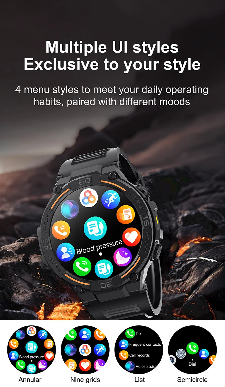 Outdoor Military Rugged Smartwatch Men Full Screen Touch 24 Hours Heart Rate 100+ Sports Mode Bluetooth Call Smartwatch
