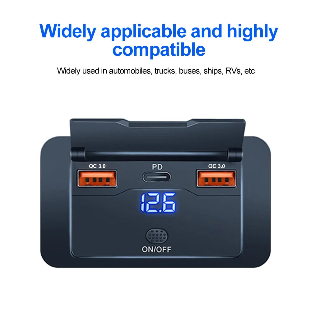 Dual PD Dual QC 3.0 USB Car Charger 12V RV USB Outlet Panel 108W Fast Charge Socket with Switch & Voltmeter for Boat Motorcycle