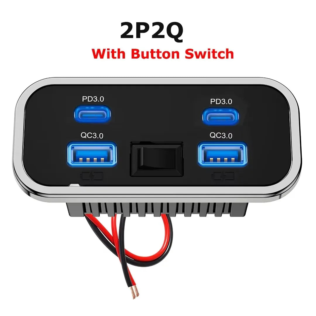 76W Dual PD Dual QC3.0 Type C USB Quick Charger 3.0 with Switch Fast Charging 4 Ports Power Panel For Bus ATV Car Truck Marine
