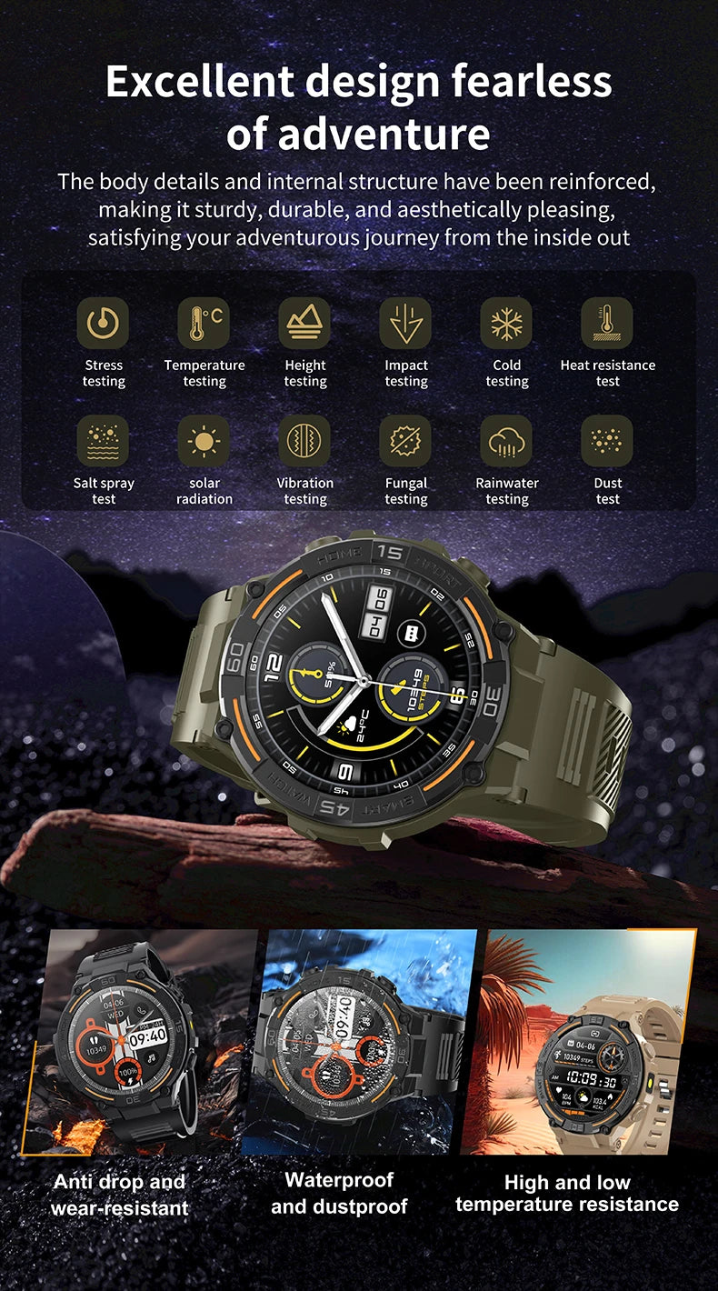 Outdoor Military Rugged Smartwatch Men Full Screen Touch 24 Hours Heart Rate 100+ Sports Mode Bluetooth Call Smartwatch