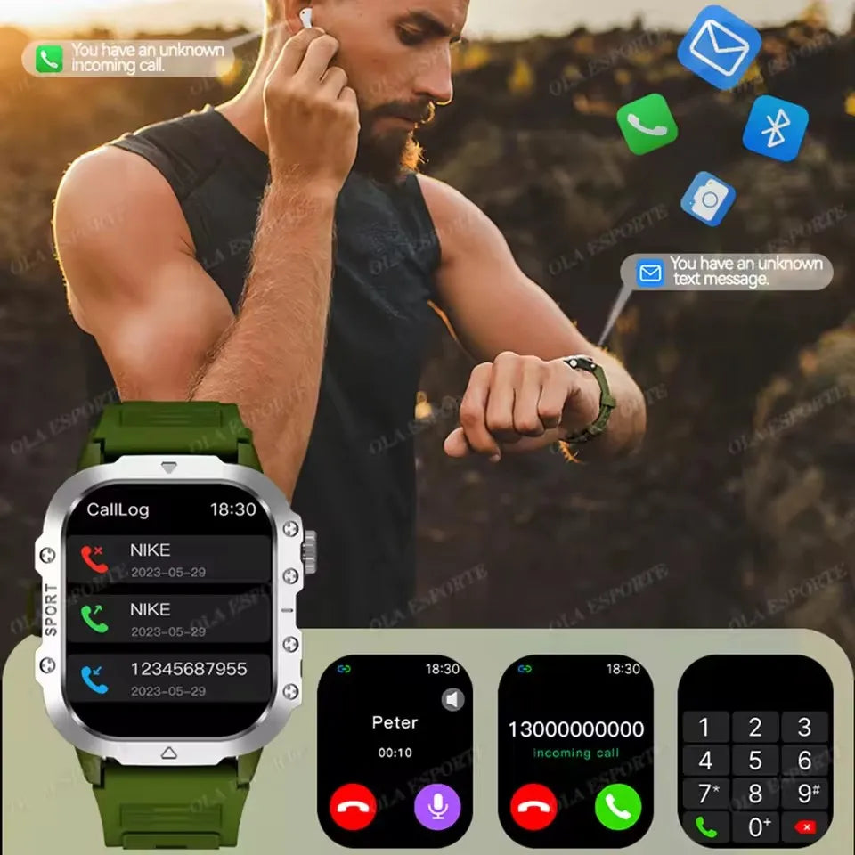 Military Smart Watch Men Waterproof Outdoor Sports Tracker LED Flashlight Bluetooth Call Men Smartwatch For Android iOS