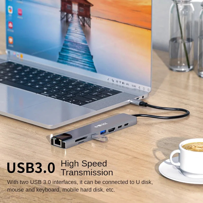 Jinhua 8-in-1 Type-C Docking Station With HDMI 4K, USB 3.0, 100Mbps Ethernet, SD/TF, PD Charging For Laptop