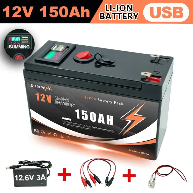 LiFePO4 12V 150Ah  Rechargeable Lithium Battery,Built-in BMS,Perfect for Ride on Toys,solar panels,Fish Finders,Small UPS