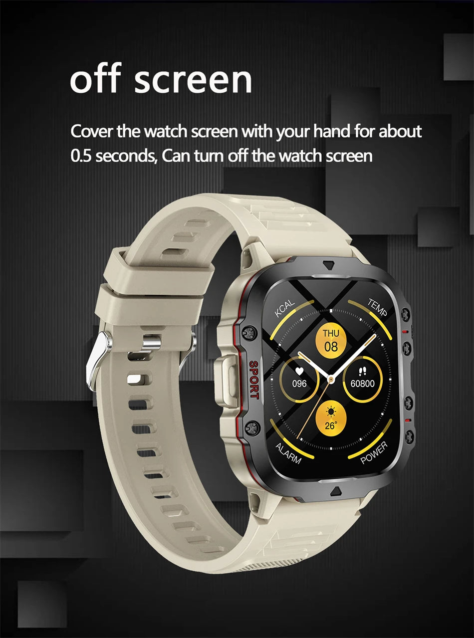 2026 Rugged Military Smart Watch Men's Outdoor Watch LED Flashlight 1.81'' HD Touch Screen Voice Bluetooth Call Smartwatch Gifts