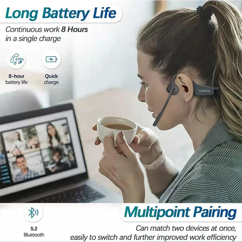 Bone Conduction Earphones Wireless Bluetooth Headset Fast Charge Sports Gaming Headphones with Dual CVC8.0 Noise-canceling Mic