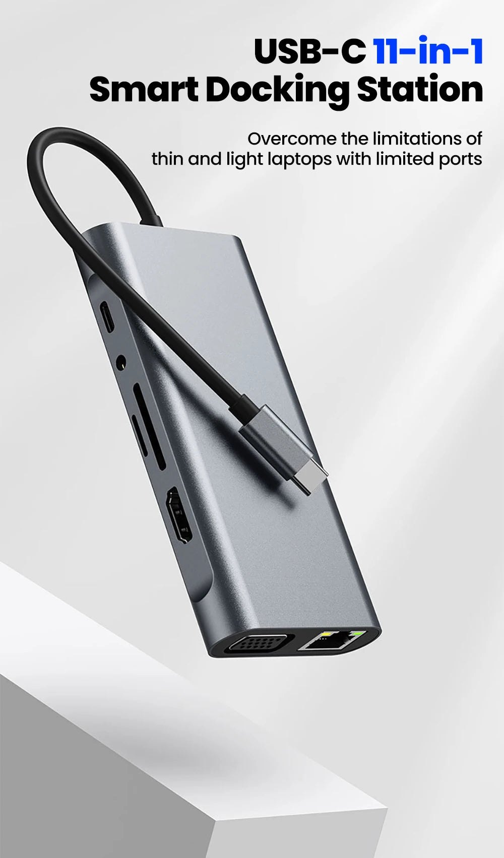 11-in-1 Type-C Docking Station USB C Splitter to USB3.0/USB2.0/4K HDMI/VGA/PD 87W/100M RJ45/AUX/SD/TF Adapter For Laptop Macbook
