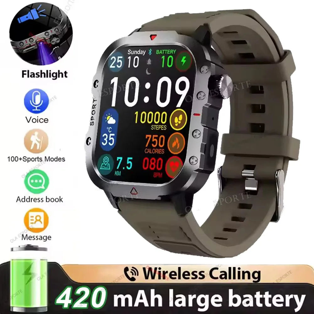 Military Outdoor Smart Watch Men’s GPS Tracking Flashlight Bluetooth Call 2.01" AMOLED Screen 5ATM Waterproof Sports Smartwatch