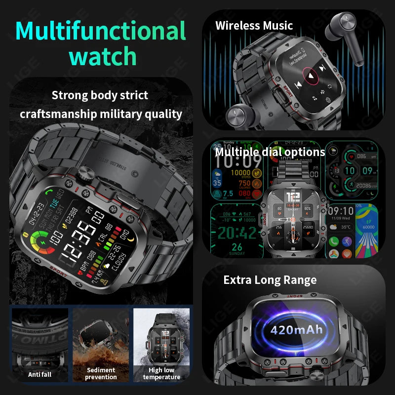 LIGE Military Smart Watch Men Outdoor Sports 3ATM Waterproof  Blood Oxygen Bluetooth Call Watches Men Smartwatch For Android New
