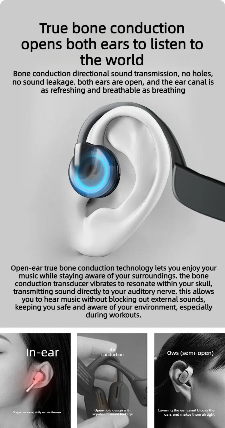 Bone Conduction Headphones Bluetooth 5.3 Wireless, 32Hrs Playtime IPX8 Waterproof, Sport Ear Hook Headset with Noise Cancelling