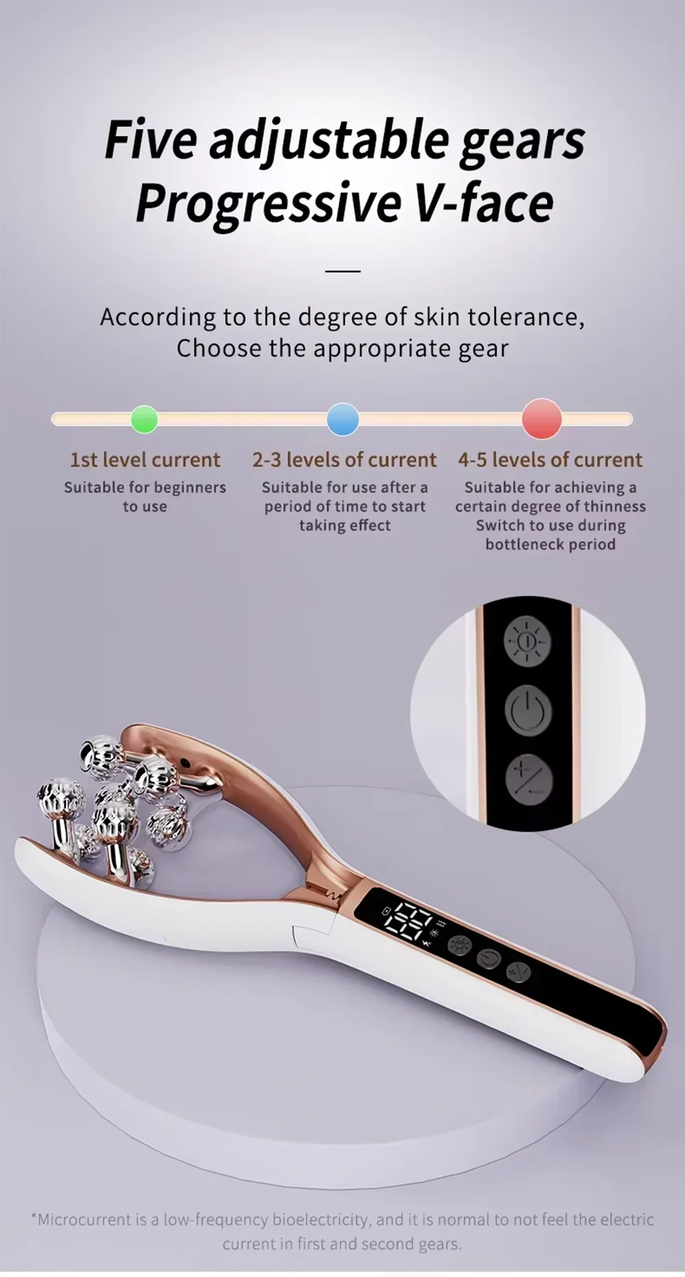 Facial Massager for Face and Neck V‑Shape Lifting Roller with Microcurrent Red Blue Light Therapy Vibrating Face Slimmer Device