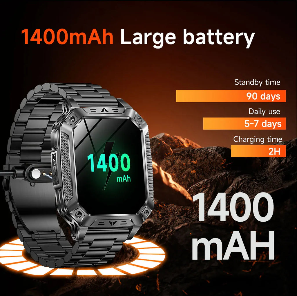 2026 Military 5ATM Waterproof Smart Watch Men 1400mAh Battery GPS Tracks 2.01" HD AMOLED Bluetooth call Sport Fitness Smartwatch