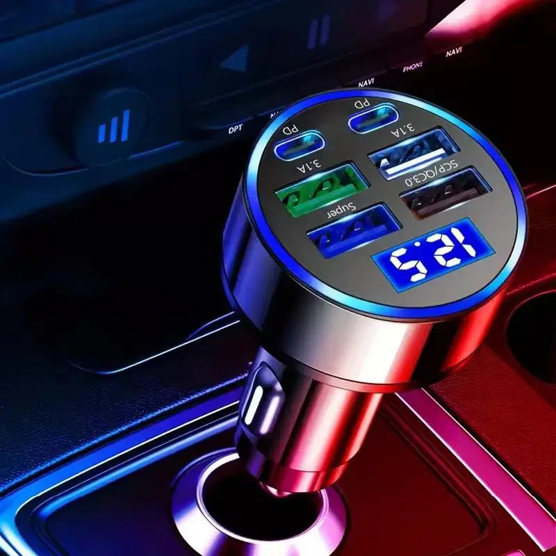 300W 4USB + 2PD Car Fast Charger  – 6 Ports Type C PD Quick Charge 3.0 Car Charger with LED Voltage Display