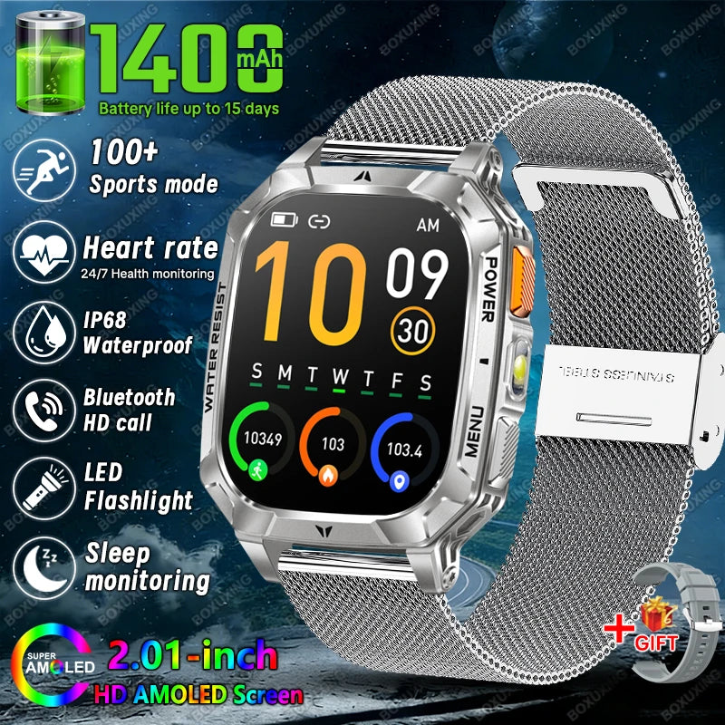 Rugged Military 1400mAh Battery Smart Watch Fitness Tracking IP68 Waterproof Tactical Sports Flashlight 2026 New Men Smartwatch
