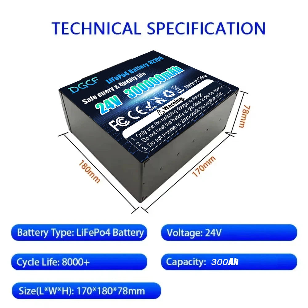 32700🏆24V 300Ah LiFePO4 Lithium Battery, Built-in 300A BMS, Rechargeable 🔋Battery, for RV/Camper, Solar, Marine, Overland/Van