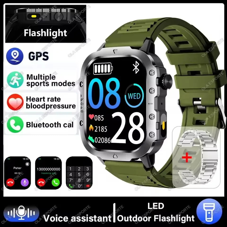 Military Smart Watch Men Waterproof Outdoor Sports Tracker LED Flashlight Bluetooth Call Men Smartwatch For Android iOS