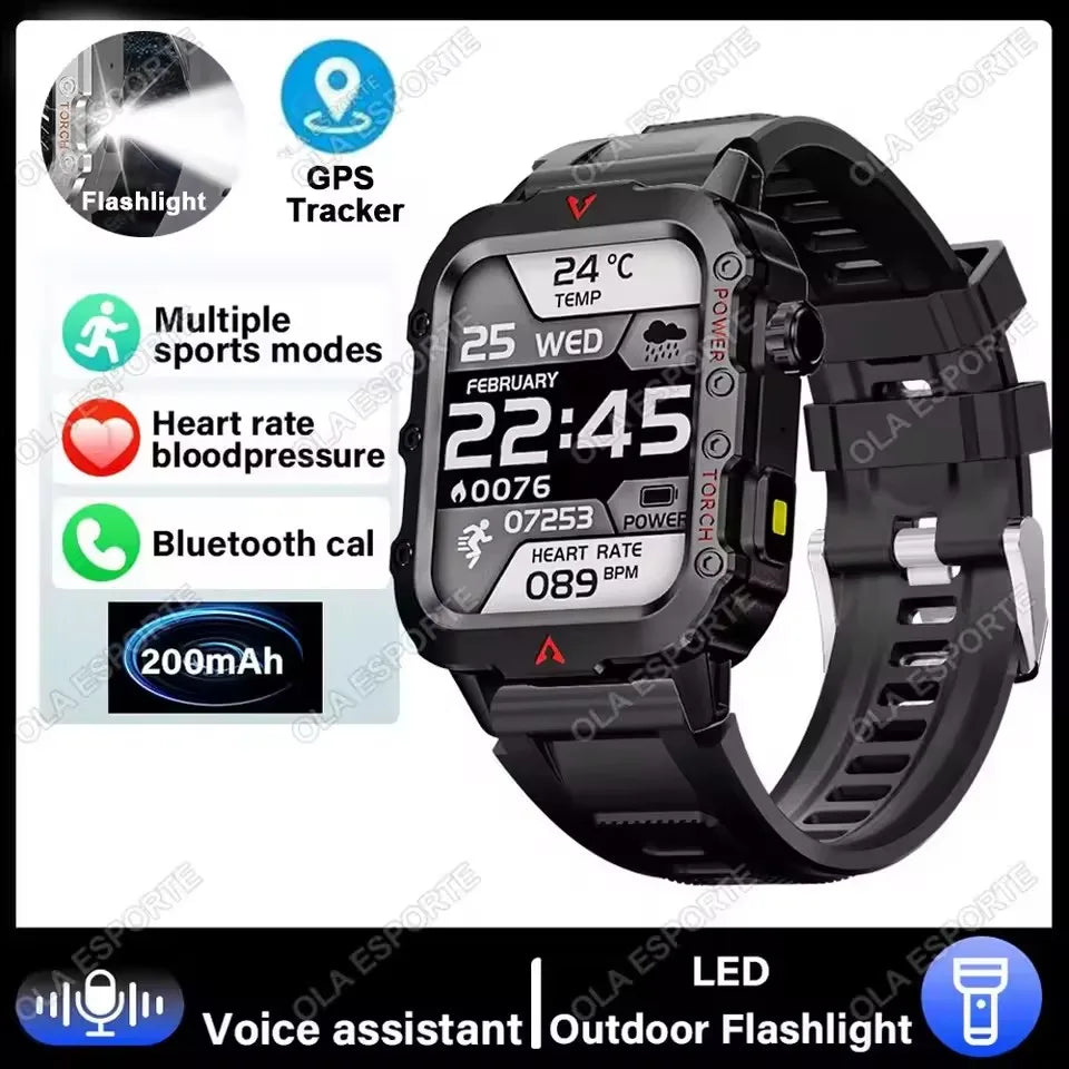 Military Outdoor Smart Watch Men’s GPS Tracking Flashlight Bluetooth Call 2.01" AMOLED Screen 5ATM Waterproof Sports Smartwatch