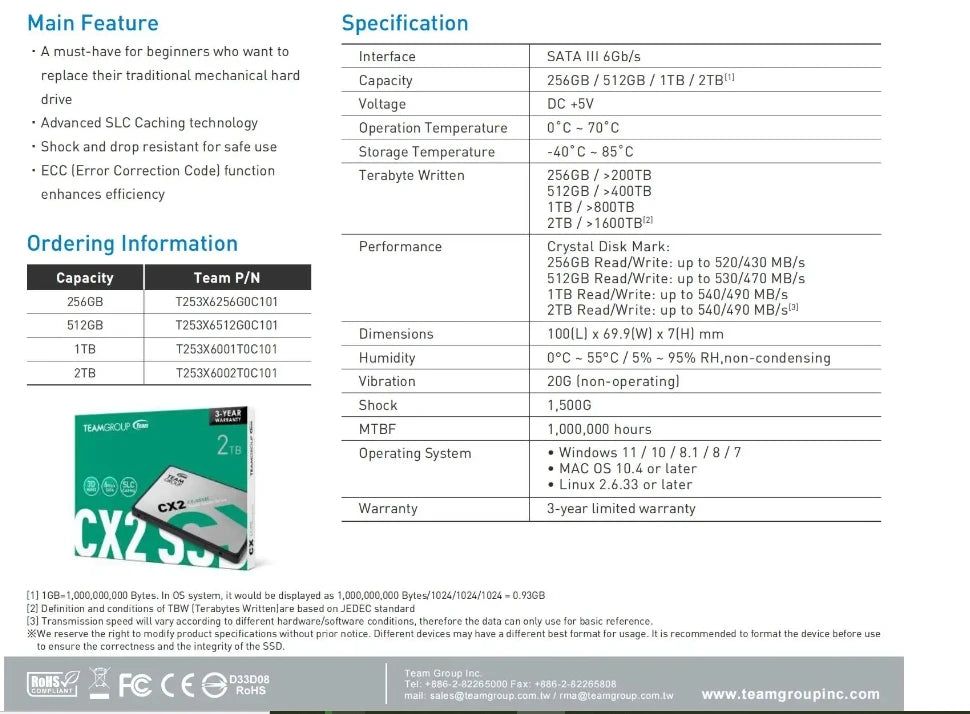 TEAMGROUP SSD Cx2 SATA 3.0 2.5 inch  256GB 512GB 1TB Solid State Drive for computer