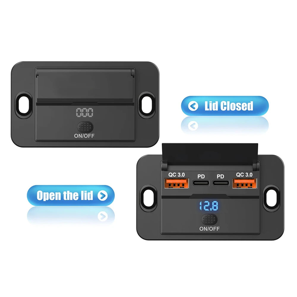 Dual PD Dual QC 3.0 USB Car Charger 12V RV USB Outlet Panel 108W Fast Charge Socket with Switch & Voltmeter for Boat Motorcycle