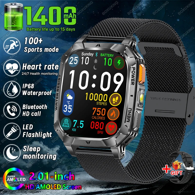 Rugged Military 1400mAh Battery Smart Watch Fitness Tracking IP68 Waterproof Tactical Sports Flashlight 2026 New Men Smartwatch