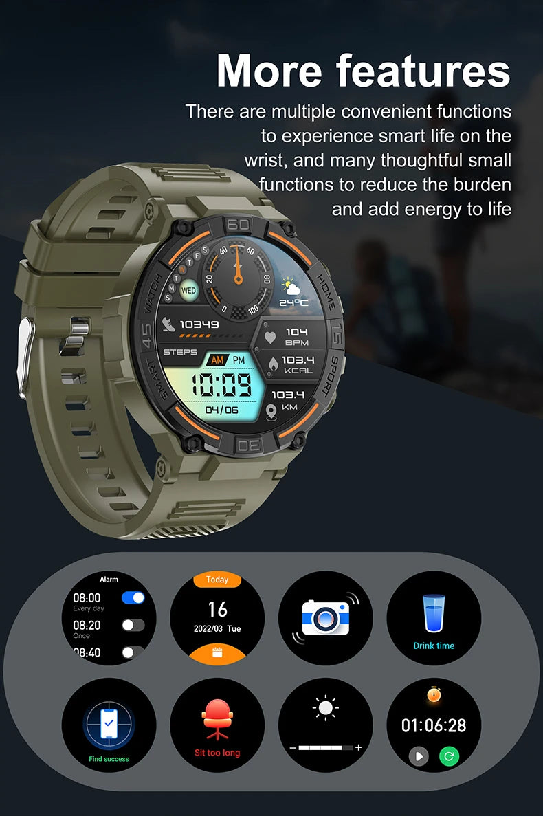 Outdoor Military Rugged Smartwatch Men Full Screen Touch 24 Hours Heart Rate 100+ Sports Mode Bluetooth Call Smartwatch