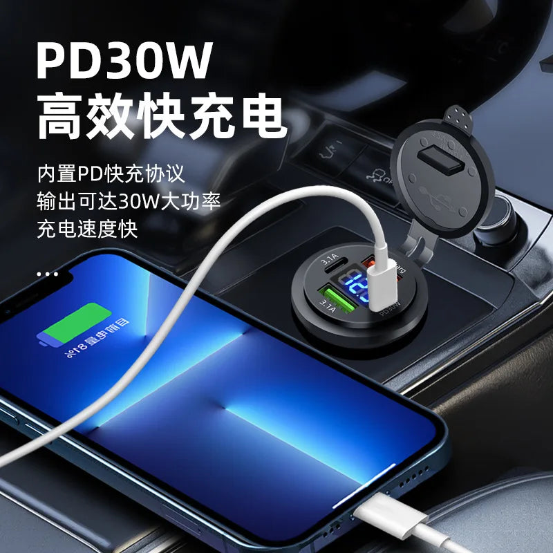 86W 4-Ports USB Charger with LED Voltmeter Dual PD & Dual QC3.0 Fast Charging Adapter Waterproof For 12/24V Car Boat Motorcycle