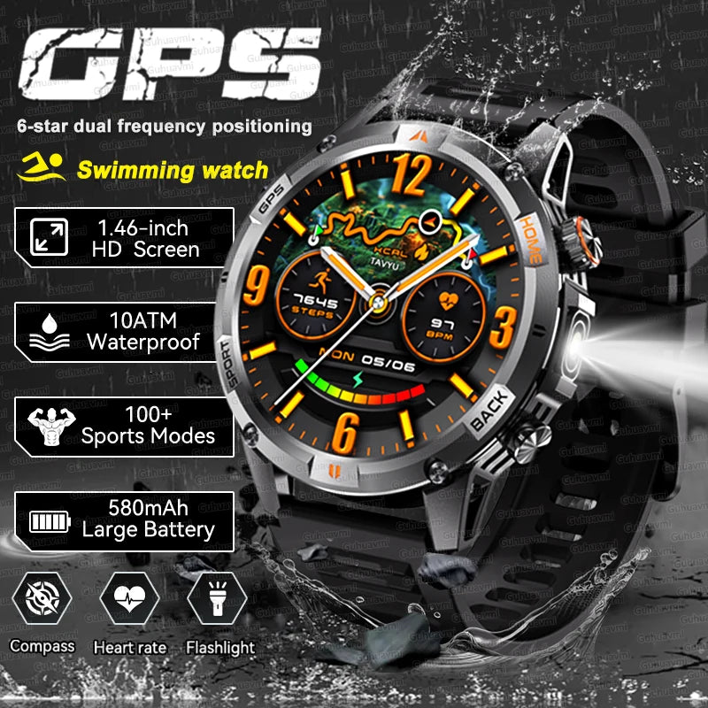 2026 GPS Military Smart Watches Men 10ATM Waterproof Call LED Flashlight 1.46" Rugged Tactical Watch Compass Fitness Smartwatch