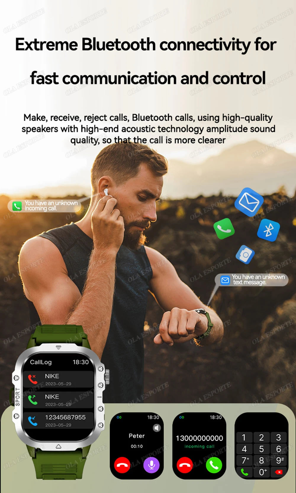 Military Smart Watch Men Waterproof Outdoor Sports Tracker LED Flashlight Bluetooth Call Men Smartwatch For Android iOS