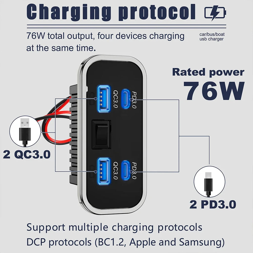 76W Dual PD Dual QC3.0 Type C USB Quick Charger 3.0 with Switch Fast Charging 4 Ports Power Panel For Bus ATV Car Truck Marine