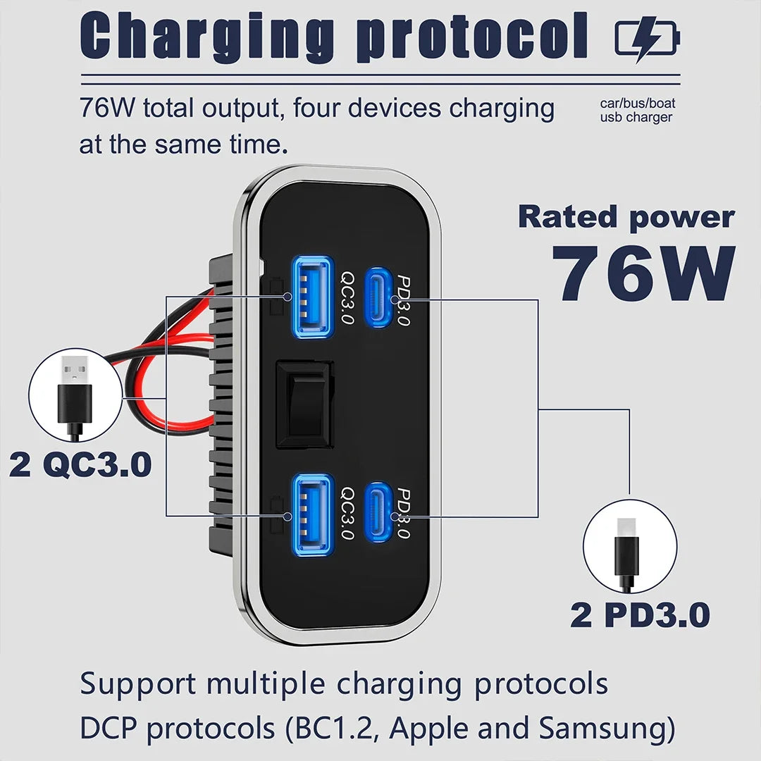 76W Dual PD Dual QC3.0 Type C USB Quick Charger 3.0 with Switch Fast Charging 4 Ports Power Panel For Bus ATV Car Truck Marine
