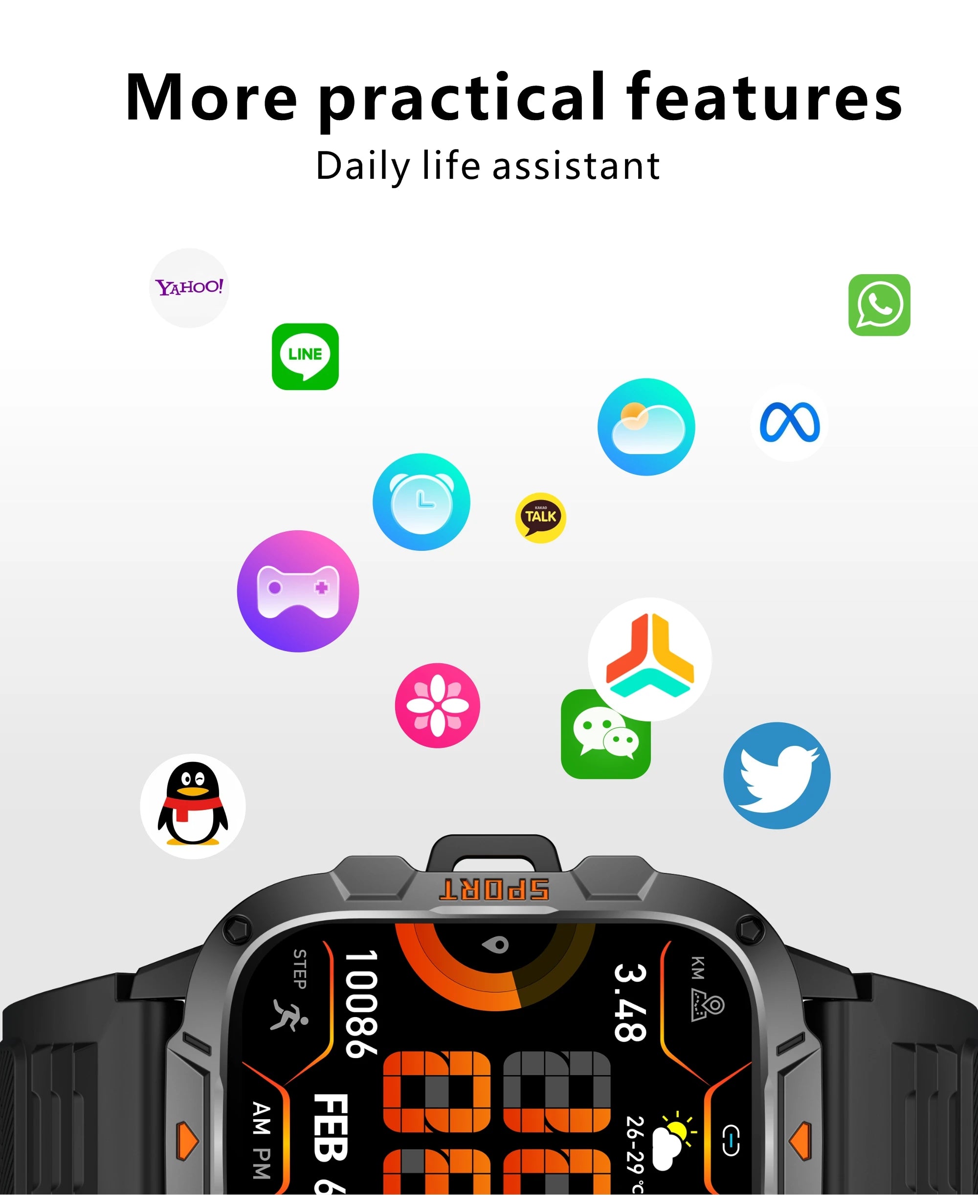 2026 New Rugged Smart Watch Men 1.96" AMOLED BT Call 5ATM Waterproof GPS Heart Rate Monitor LED Flashlight Military Sports Watch