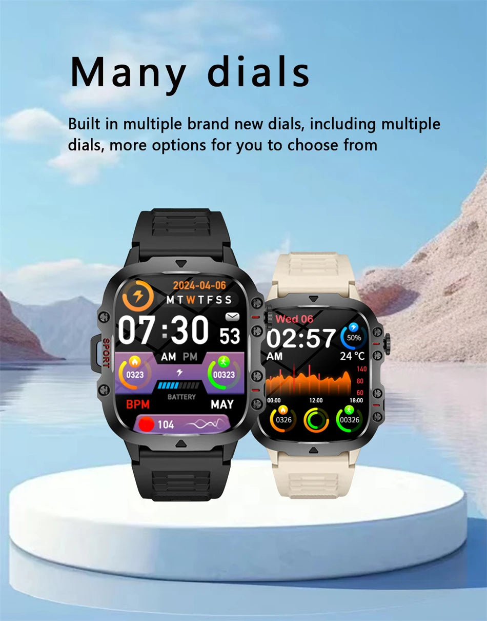 2026 Rugged Military Smart Watch Men's Outdoor Watch LED Flashlight 1.81'' HD Touch Screen Voice Bluetooth Call Smartwatch Gifts