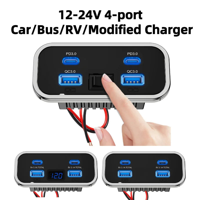 76W Dual PD Dual QC3.0 Type C USB Quick Charger 3.0 with Switch Fast Charging 4 Ports Power Panel For Bus ATV Car Truck Marine
